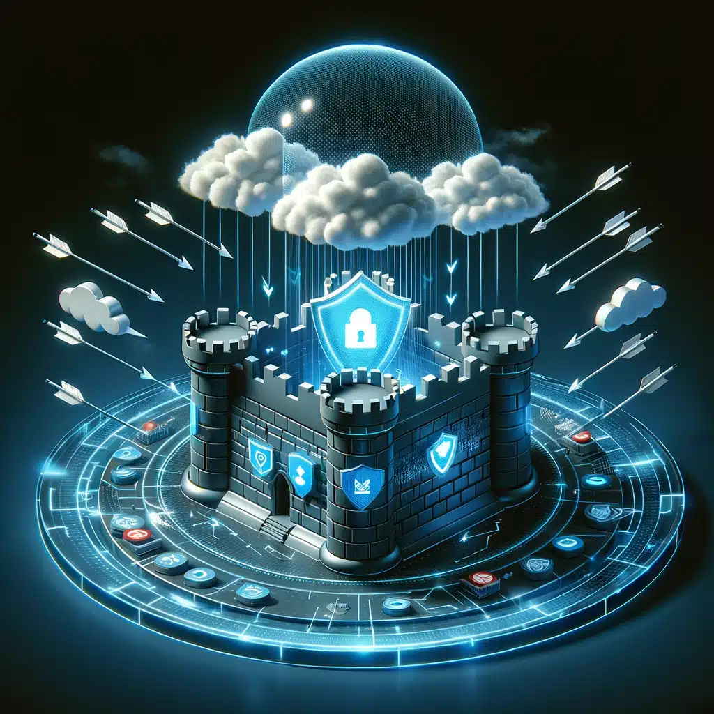 Digital fortress on cloud symbolizing website security against SQL injections and DDoS attacks, with barriers deflecting digital arrows and a dome of light for firewall protection.